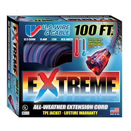 US Wire 99100 12/3 100-Foot SJEOW TPE  Extreme Weather Extension Cord Blue with Lighted Plug