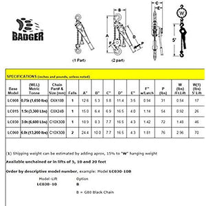 All Material Handling LC060-20 Badger Lever Chain Hoist, 6 Ton, 20' Lift