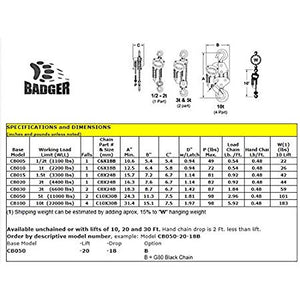 All Material Handling CB005-30-28 Badger Manual Chain Hoist, 1/2 (0.5) Ton, 30' Lift, 28' Drop